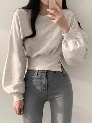 -Fall Outfits y2k Long Sleeve Top -Autumn Sweatshirt Women Harajuku Crop Long Sleeve Top Female Korean Chic Sporty Hoodies Ladies Vintage Casual Button Sweatshirts Streetwear