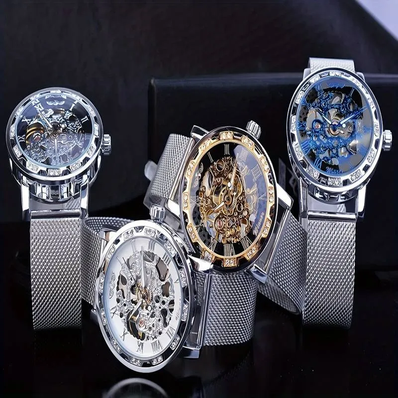 1pc Men's Fashion Rhinestone Mechanical Watch