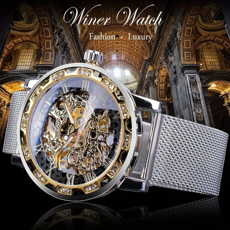 1pc Men's Fashion Rhinestone Mechanical Watch