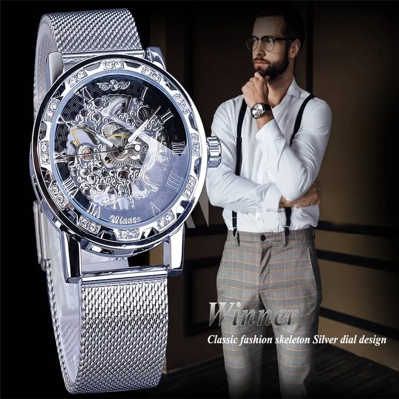 1pc Men's Fashion Rhinestone Mechanical Watch