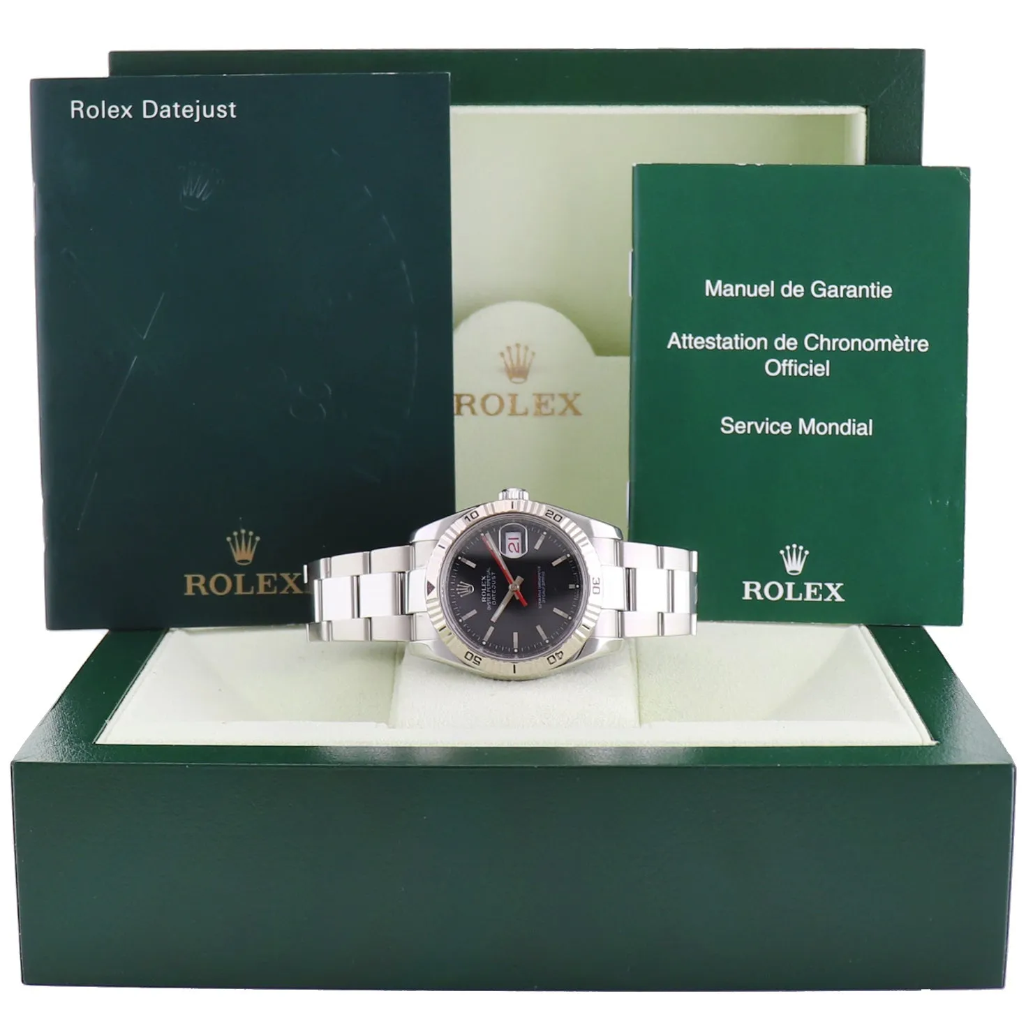 2005 MINT Rolex DateJust Turn-O-Graph 116264 Steel Black White Gold Fluted Watch