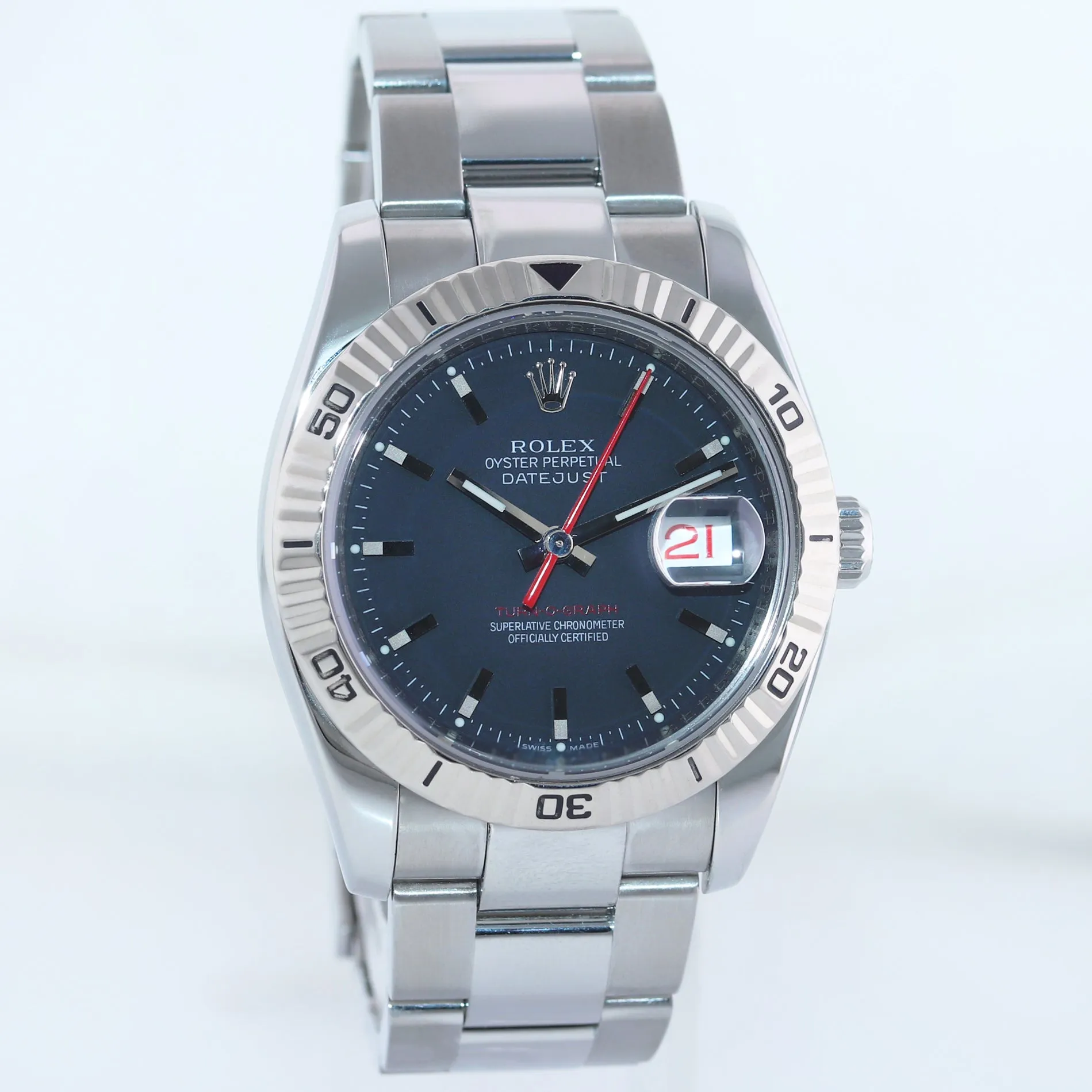 2005 MINT Rolex DateJust Turn-O-Graph 116264 Steel Black White Gold Fluted Watch