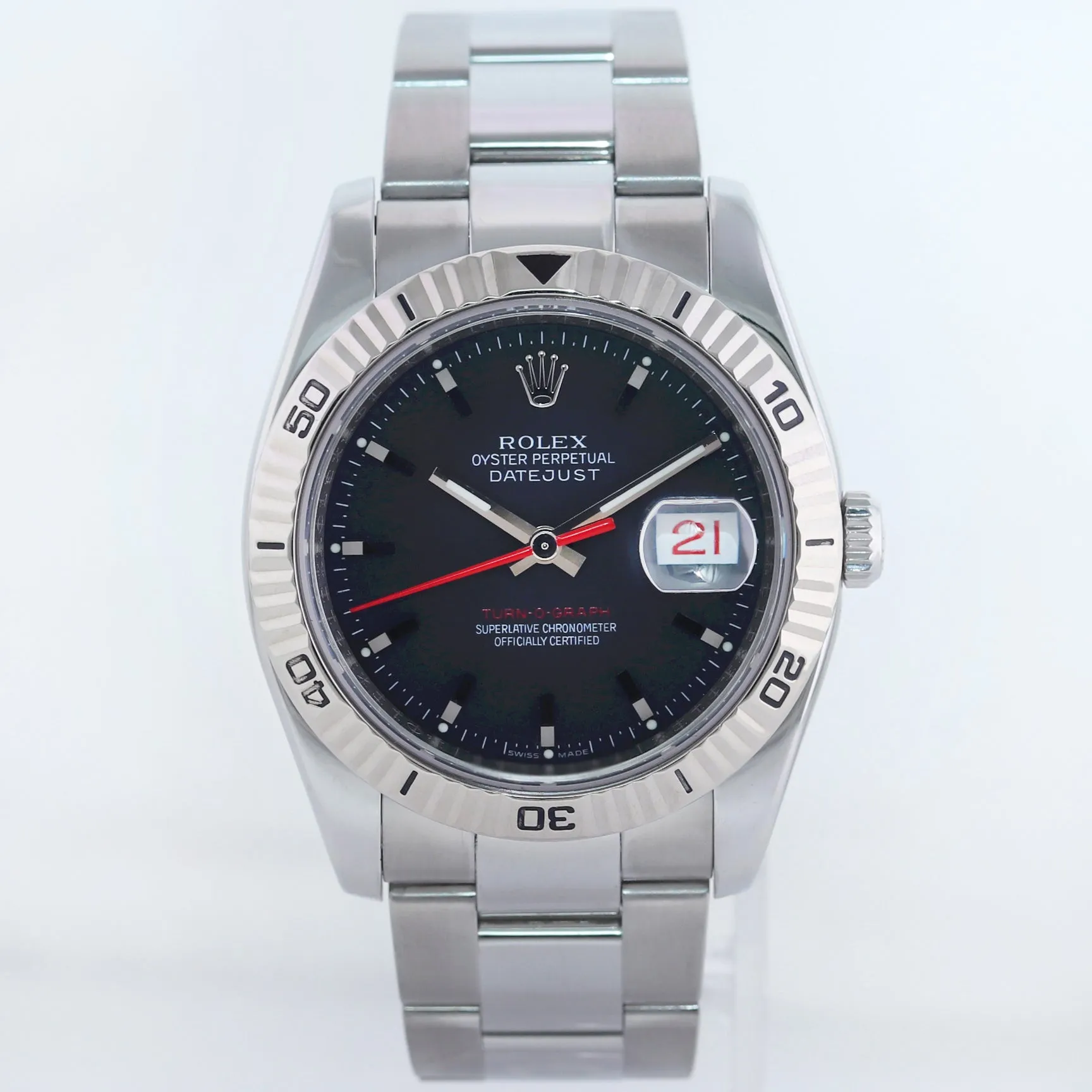2005 MINT Rolex DateJust Turn-O-Graph 116264 Steel Black White Gold Fluted Watch