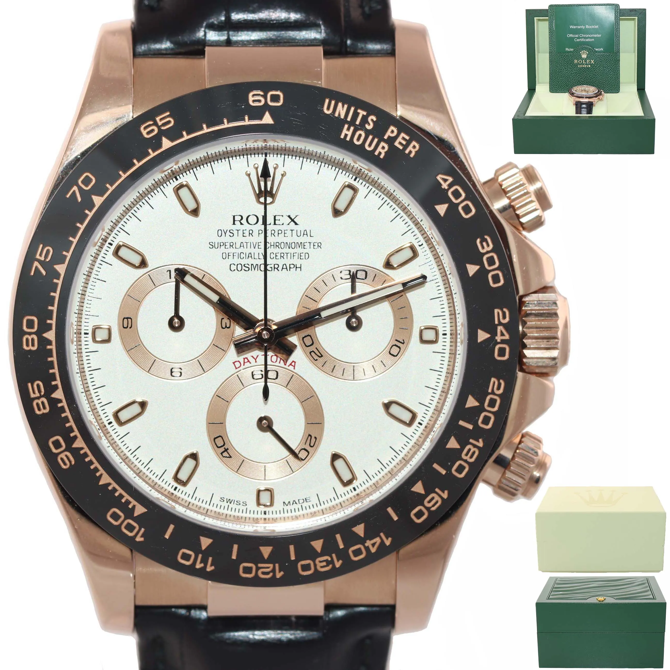 2016 Rolex Daytona Ivory Ceramic 18K Rose Gold 40mm 116515 Watch Leather Box