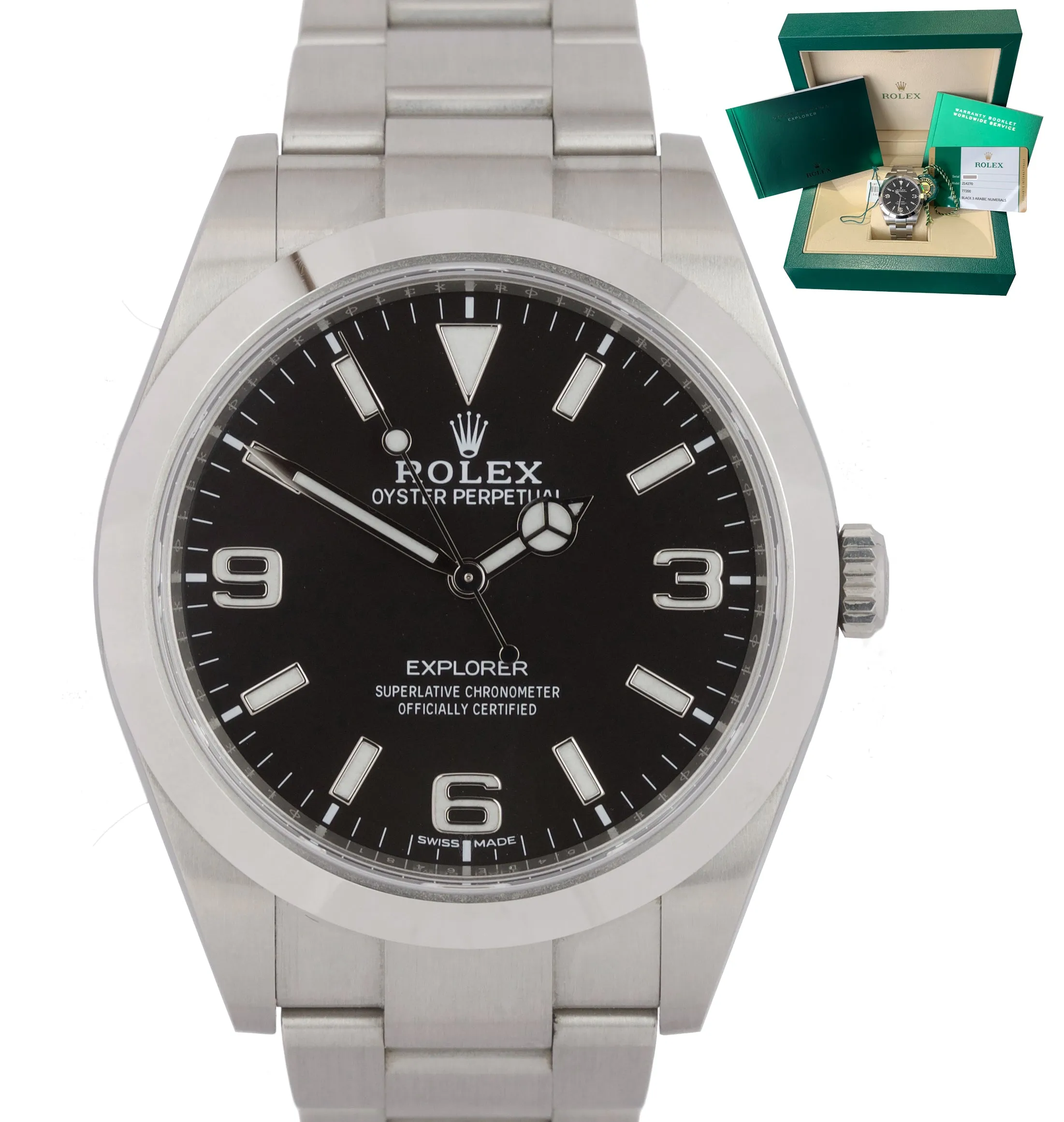 2018 BOX PAPERS MINT Rolex Explorer I Black FULL LUME 39mm 214270 Steel Watch