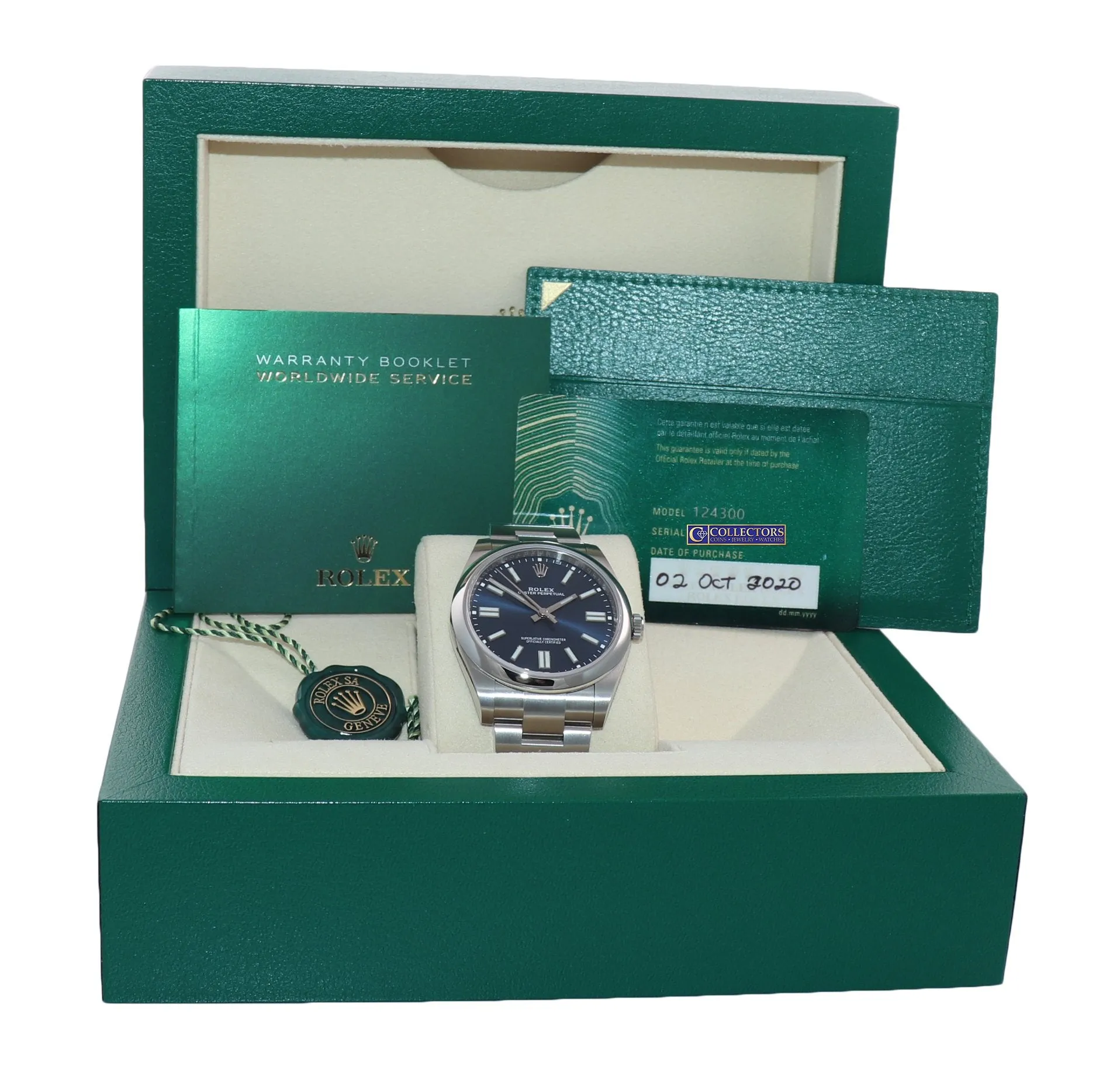 2021 PAPERS Rolex Oyster Perpetual 41mm Blue Stick Oyster Watch 124300 Box