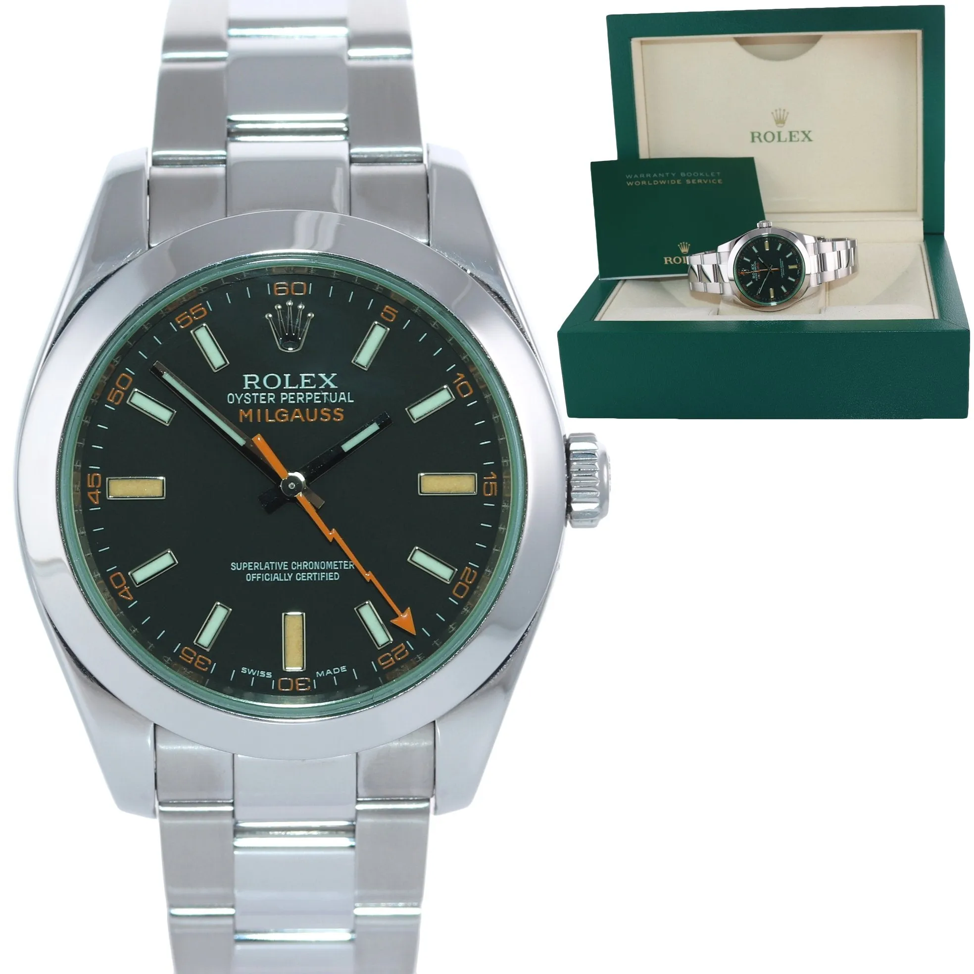2022 Rolex Milgauss 116400 Steel Green Black Anti-Magnetic Steel 40mm Watch Box