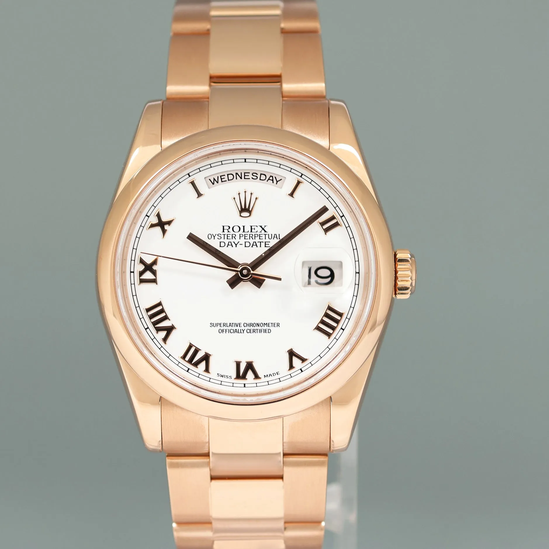 2023 RSC Papers Rolex President Day Date Rose Gold 118205 White Roman Watch Box
