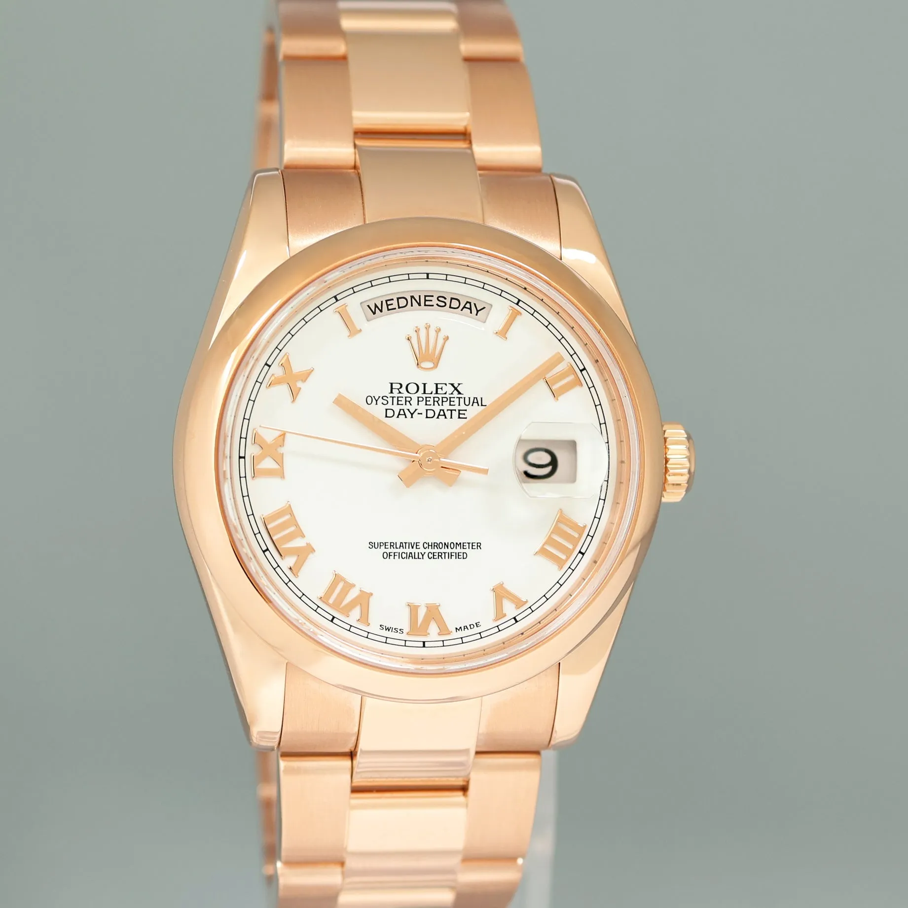 2023 RSC Papers Rolex President Day Date Rose Gold 118205 White Roman Watch Box