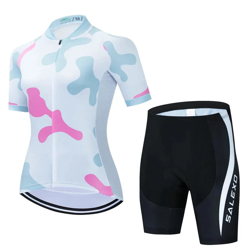 2023 Salexo Women Cycling Jersey Short Sleeve Set Summer Maillot 19D Bib Shorts Bicycle Clothes Sportwear MTB Cycling Clothing