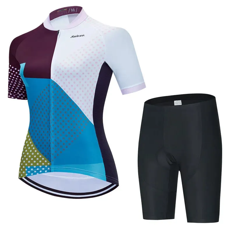 2023 Salexo Women Cycling Jersey Short Sleeve Set Summer Maillot 19D Bib Shorts Bicycle Clothes Sportwear MTB Cycling Clothing