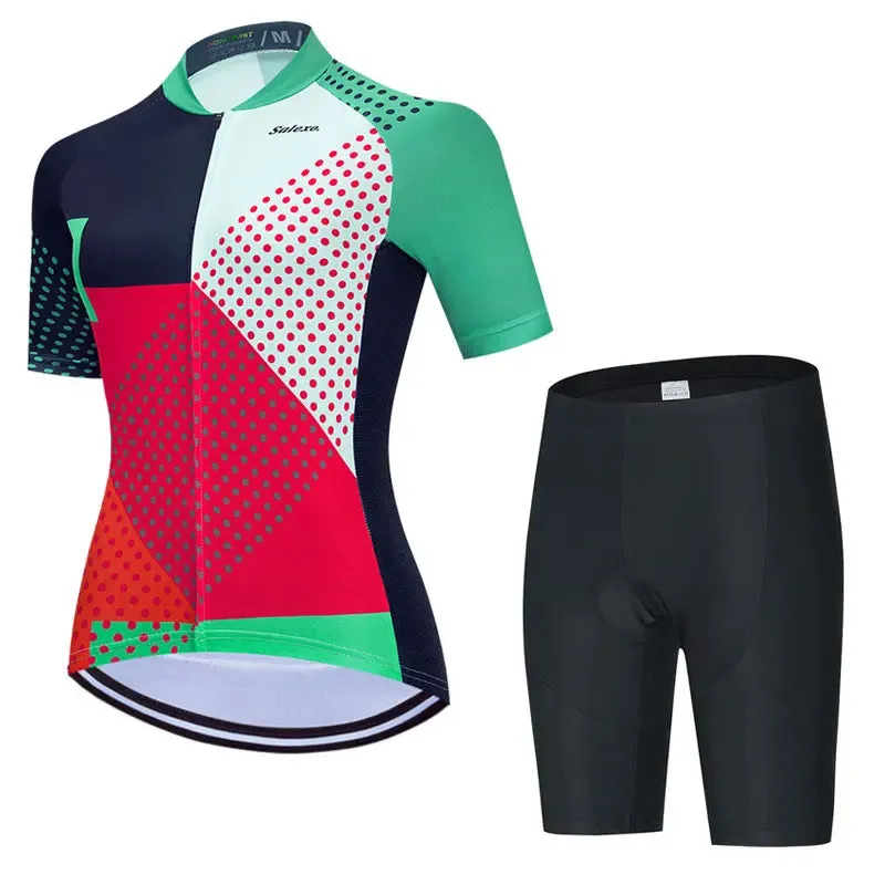 2023 Salexo Women Cycling Jersey Short Sleeve Set Summer Maillot 19D Bib Shorts Bicycle Clothes Sportwear MTB Cycling Clothing