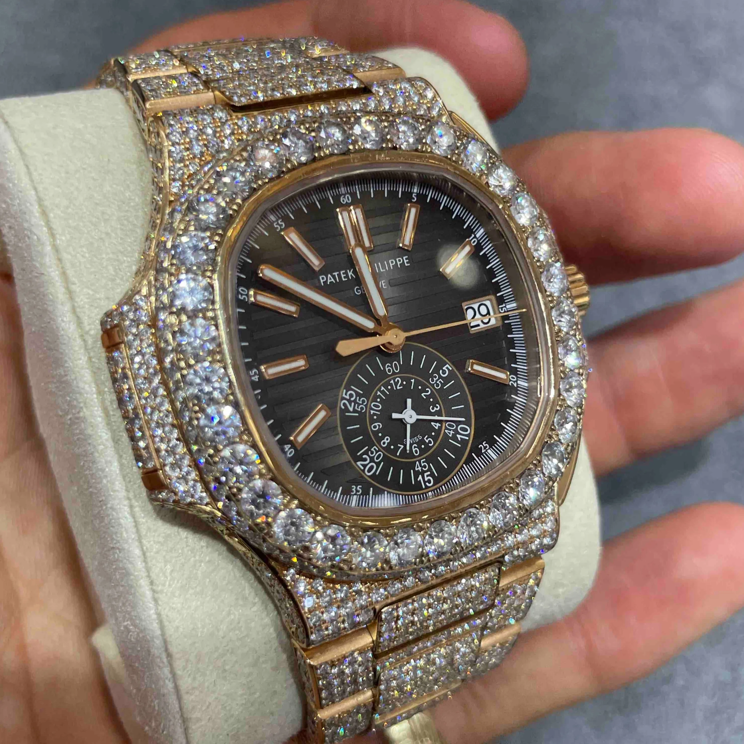 41mm PP-Luxury-Watches Nautilus Chronograph | 18k Rose | Iced Out