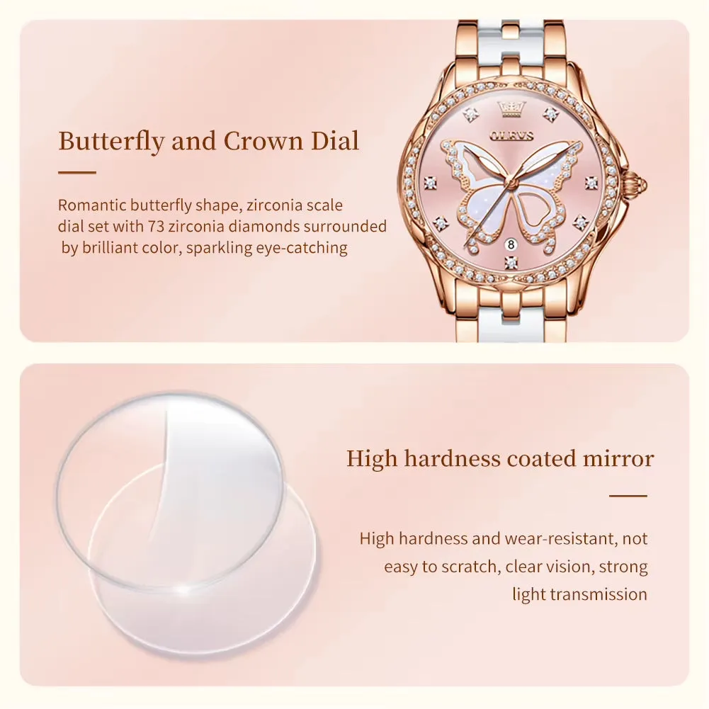 5610 Elegant Women Watch Waterproof Hollow Calendar Butterfly Design Diamond Ceramic Strap Luxury Women Watch Reloj Mujer