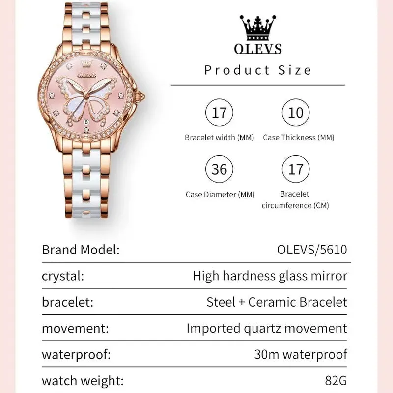 5610 Elegant Women Watch Waterproof Hollow Calendar Butterfly Design Diamond Ceramic Strap Luxury Women Watch Reloj Mujer