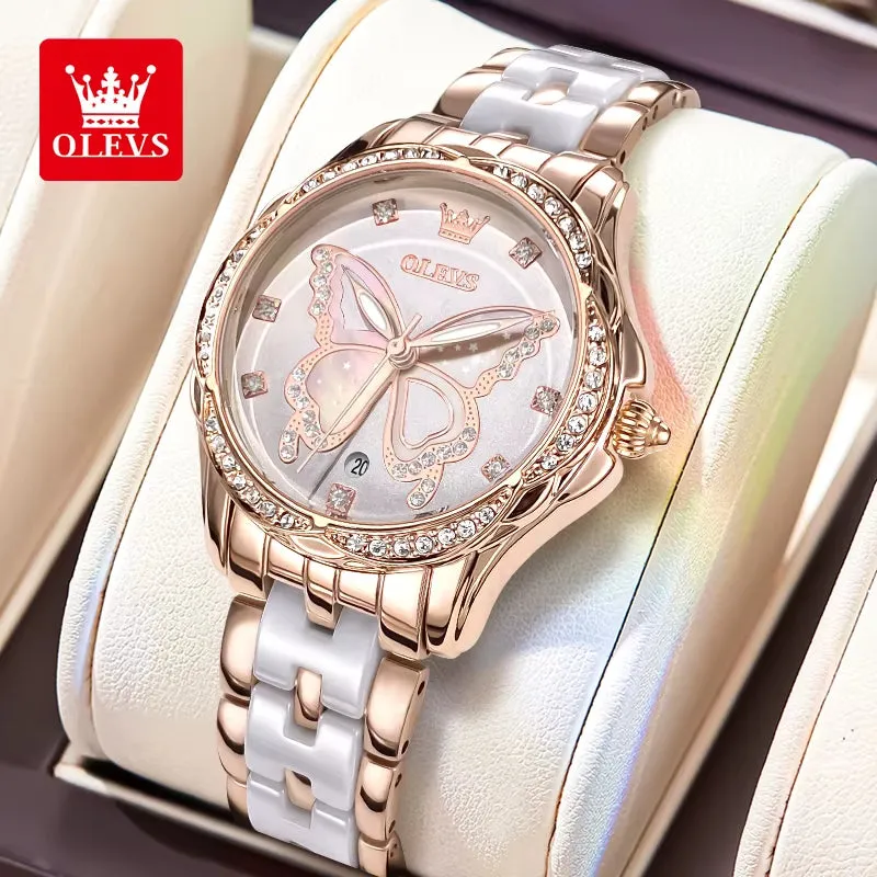 5610 Elegant Women Watch Waterproof Hollow Calendar Butterfly Design Diamond Ceramic Strap Luxury Women Watch Reloj Mujer