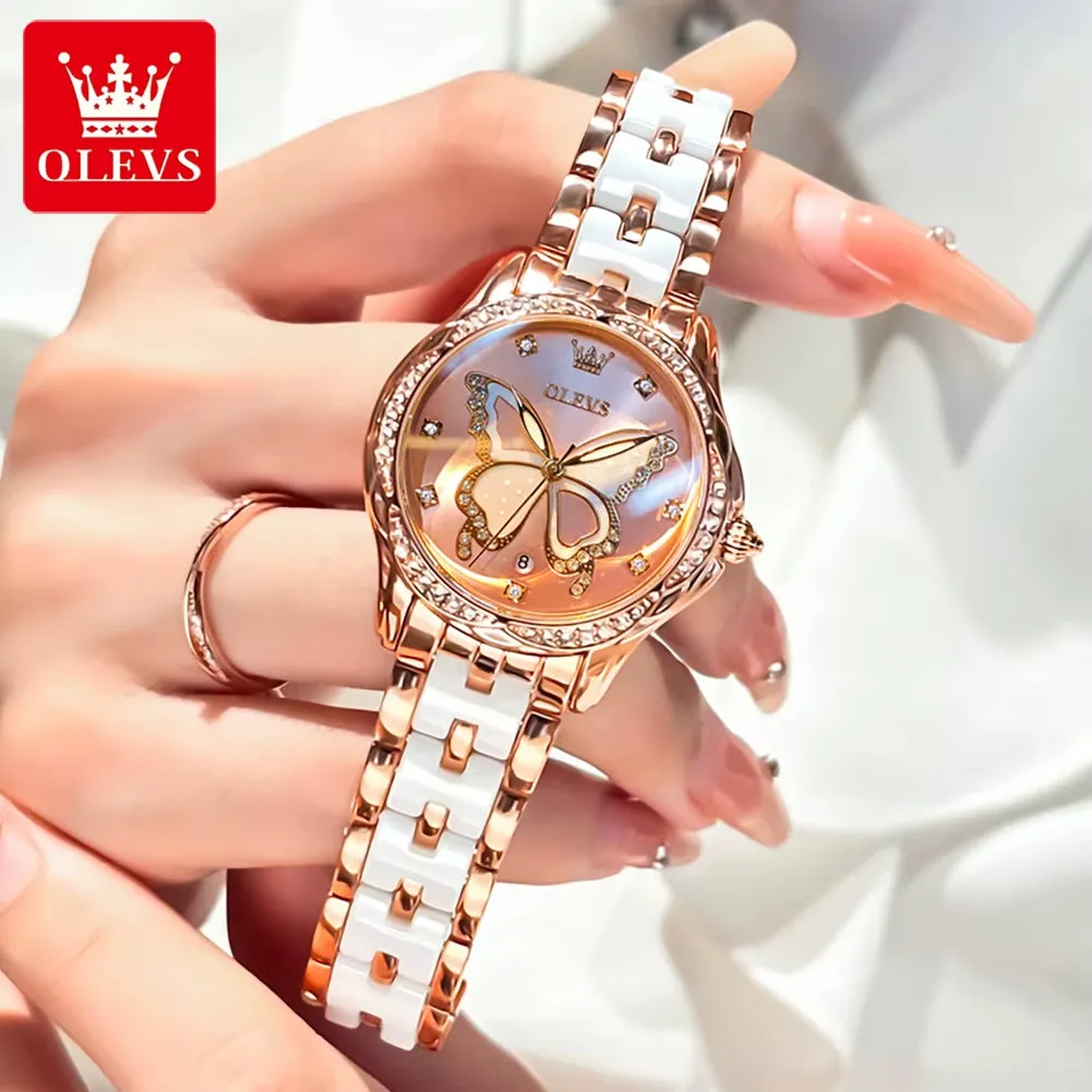 5610 Elegant Women Watch Waterproof Hollow Calendar Butterfly Design Diamond Ceramic Strap Luxury Women Watch Reloj Mujer