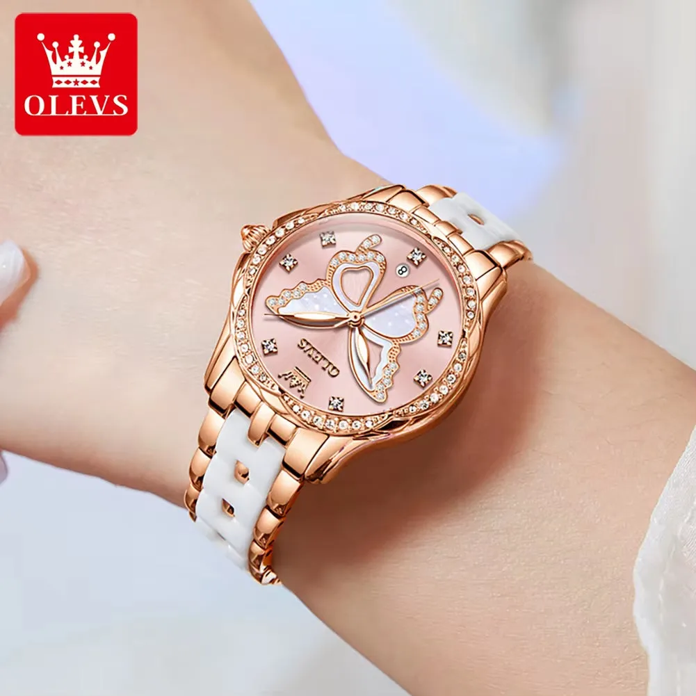 5610 Elegant Women Watch Waterproof Hollow Calendar Butterfly Design Diamond Ceramic Strap Luxury Women Watch Reloj Mujer