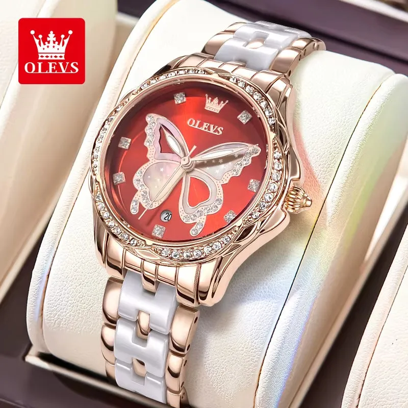 5610 Elegant Women Watch Waterproof Hollow Calendar Butterfly Design Diamond Ceramic Strap Luxury Women Watch Reloj Mujer