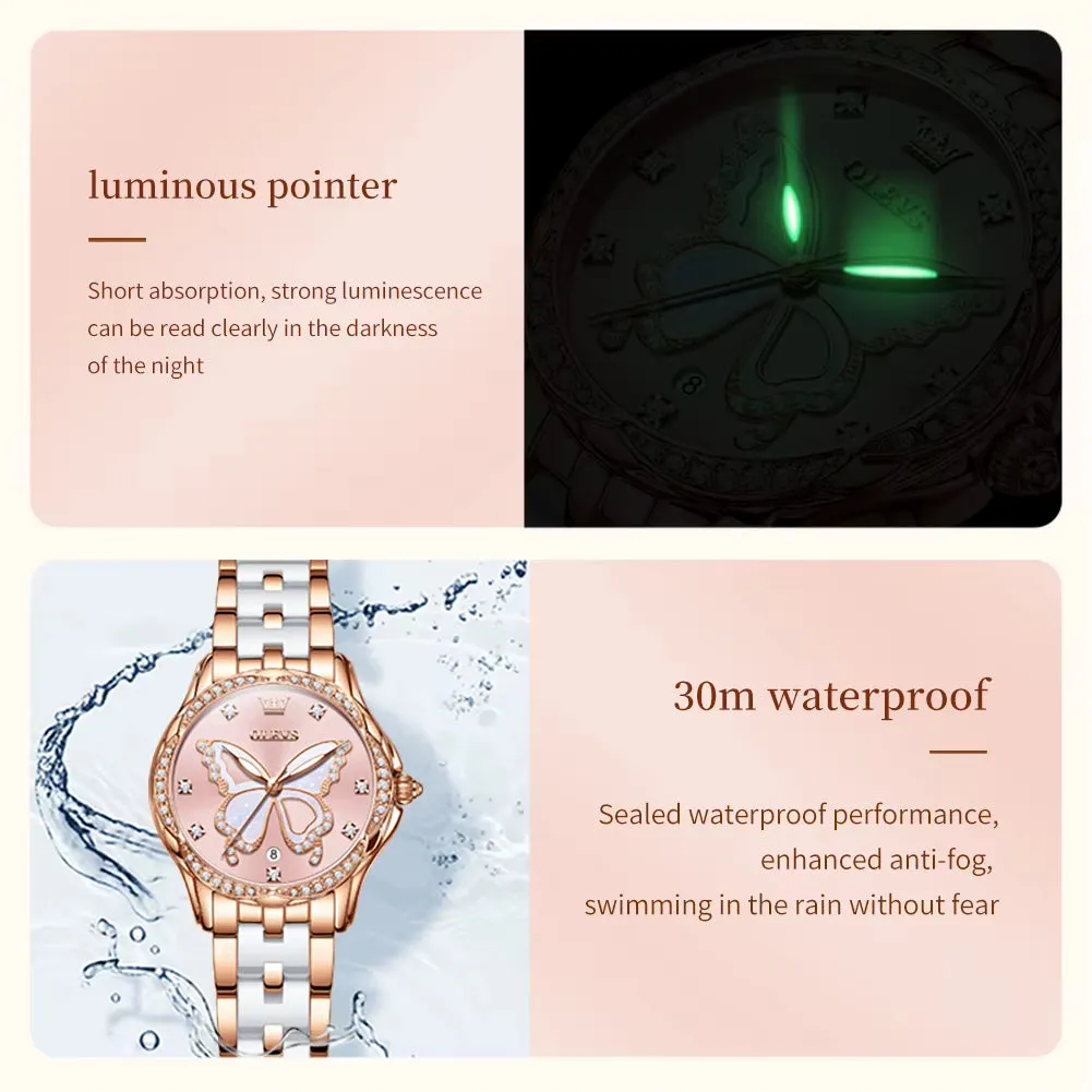 5610 Elegant Women Watch Waterproof Hollow Calendar Butterfly Design Diamond Ceramic Strap Luxury Women Watch Reloj Mujer