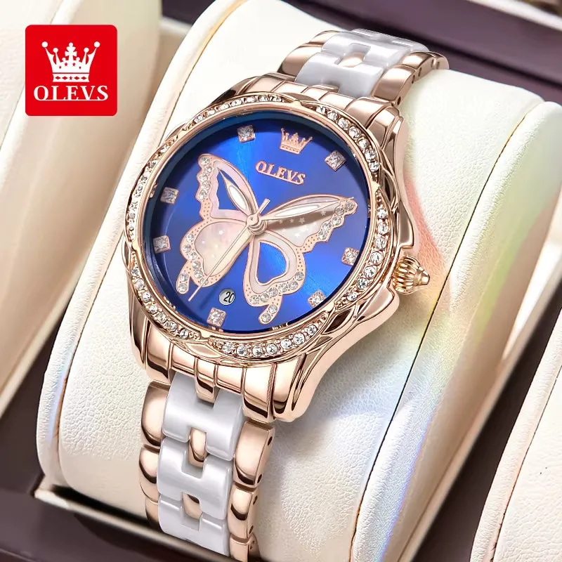 5610 Elegant Women Watch Waterproof Hollow Calendar Butterfly Design Diamond Ceramic Strap Luxury Women Watch Reloj Mujer