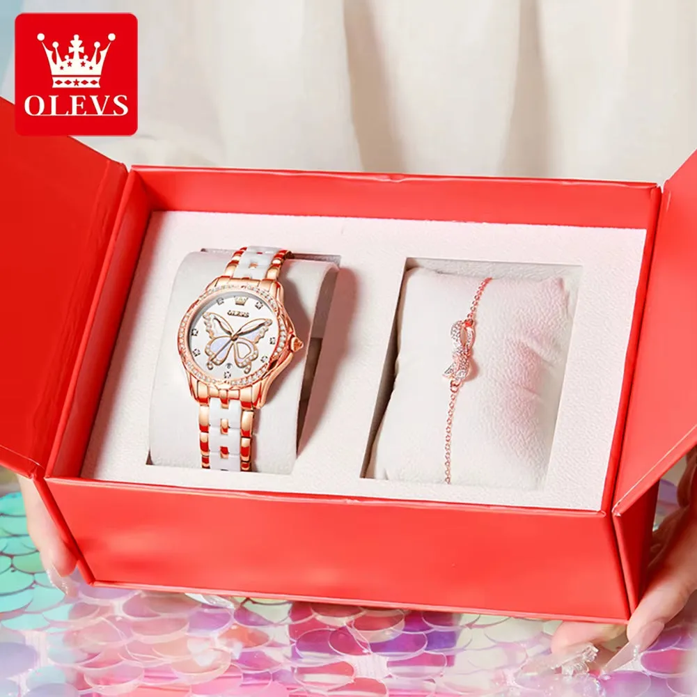 5610 Elegant Women Watch Waterproof Hollow Calendar Butterfly Design Diamond Ceramic Strap Luxury Women Watch Reloj Mujer