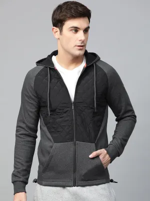 Alcis Men Charcoal Grey Black Colourblocked Hooded Sweatshirt
