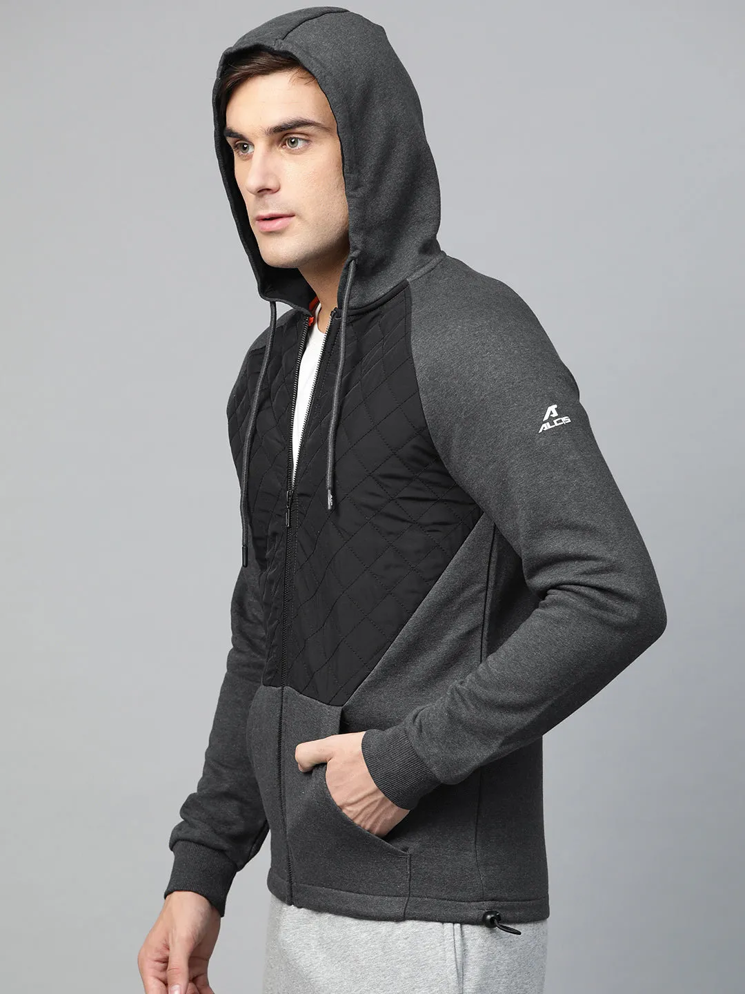 Alcis Men Charcoal Grey Black Colourblocked Hooded Sweatshirt