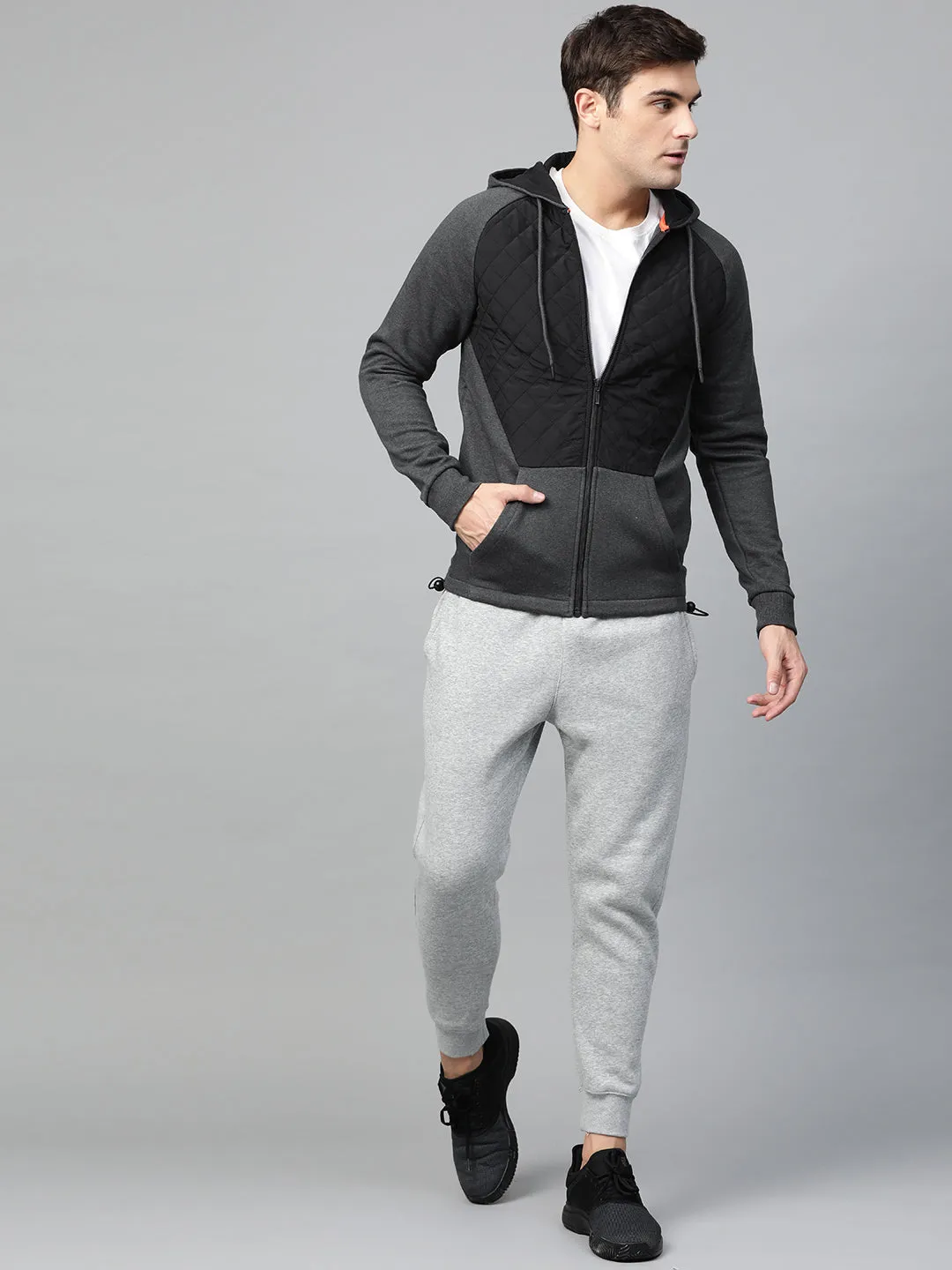 Alcis Men Charcoal Grey Black Colourblocked Hooded Sweatshirt