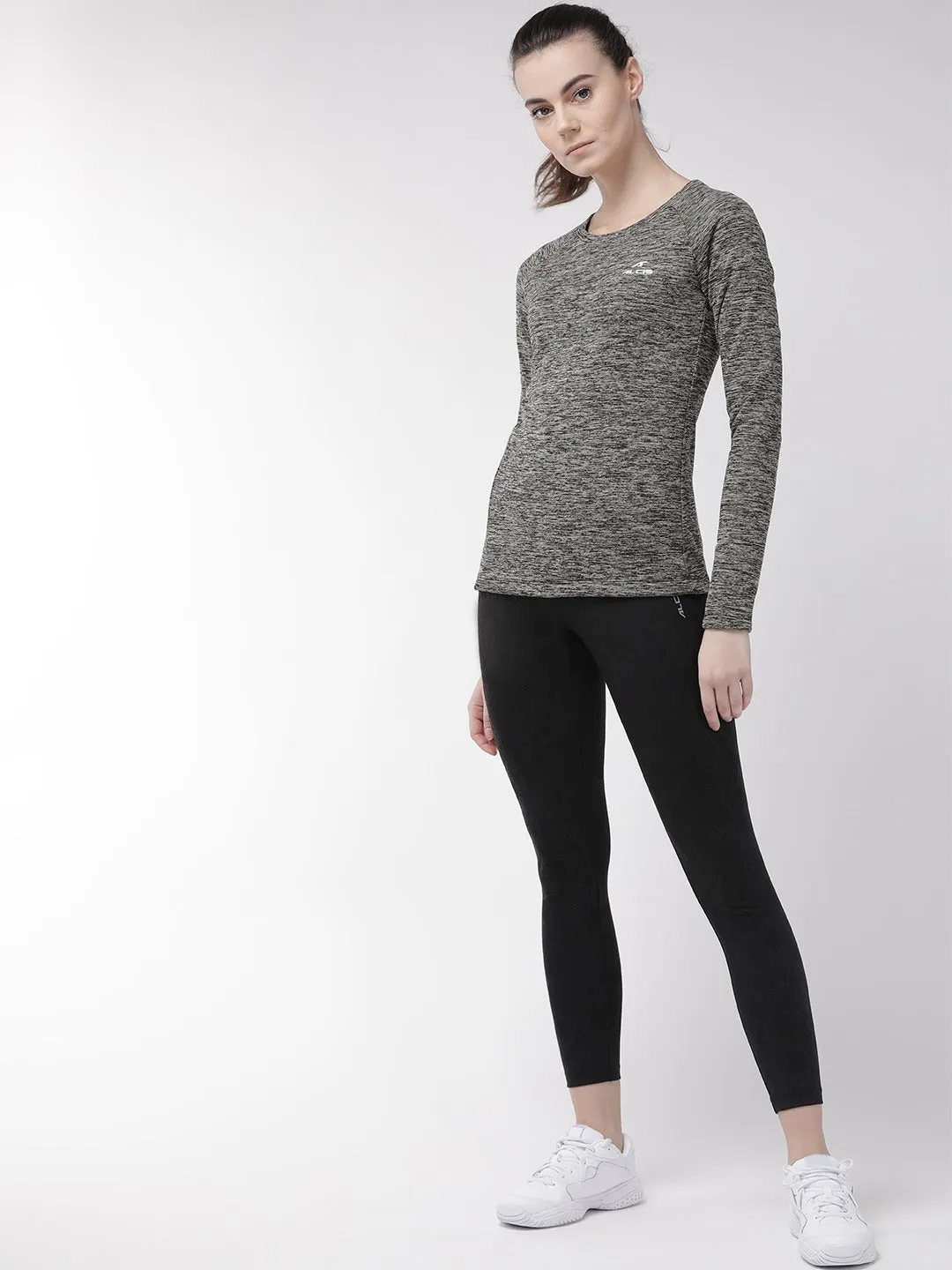 Alcis Women Grey Black Self Design Round Neck T-shirt
