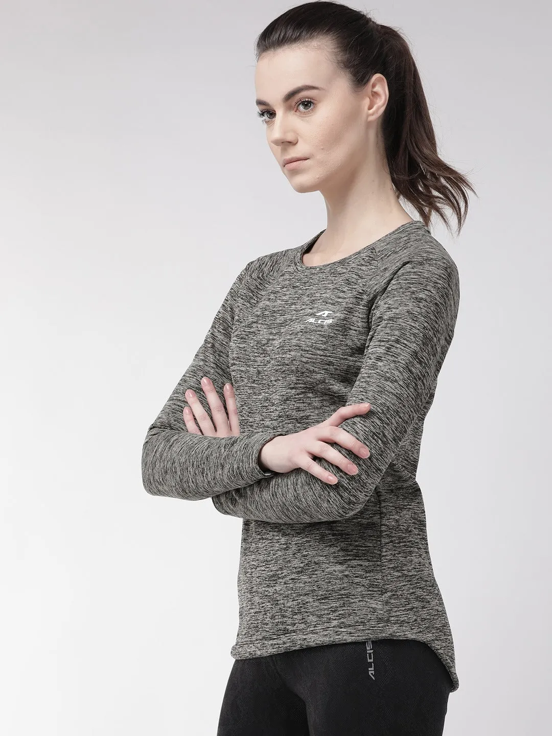 Alcis Women Grey Black Self Design Round Neck T-shirt