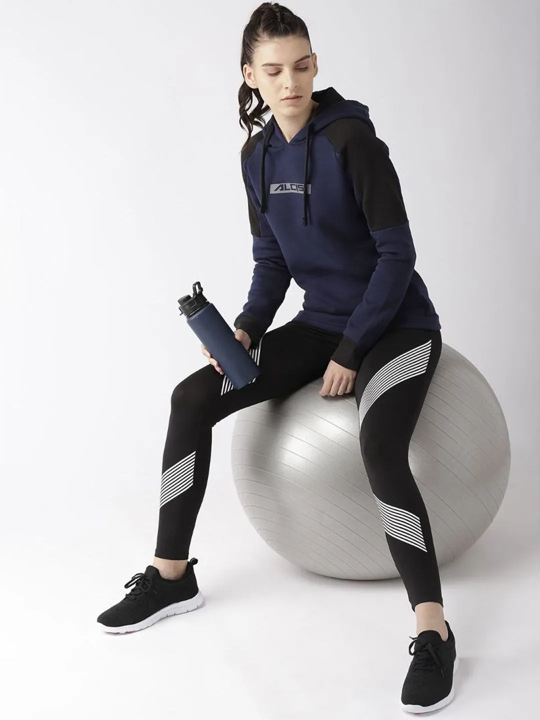 Alcis Women Navy Blue Printed Detail Hooded Sweatshirt