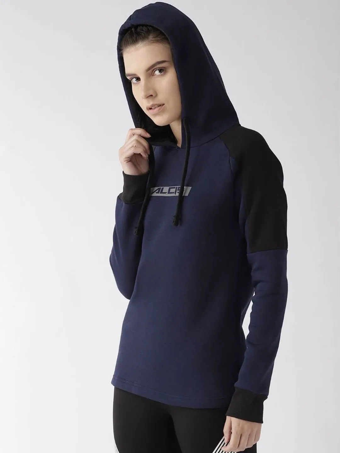 Alcis Women Navy Blue Printed Detail Hooded Sweatshirt