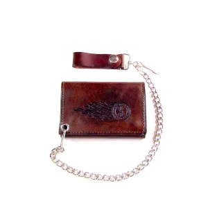 AT322-250  Antique Finish Tri-Fold Wallet w/ Chain- Flaming Wheel