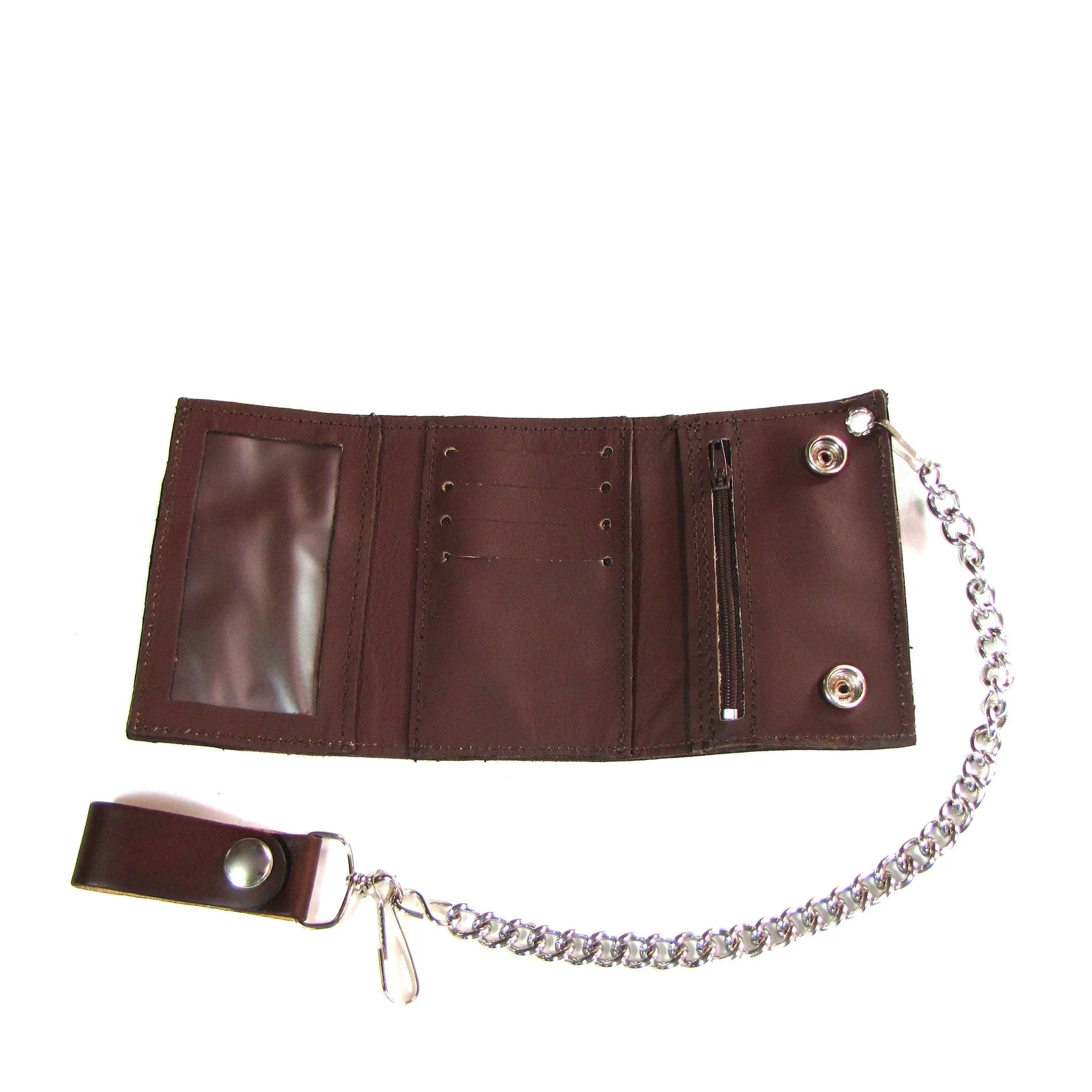 AT322-250  Antique Finish Tri-Fold Wallet w/ Chain- Flaming Wheel