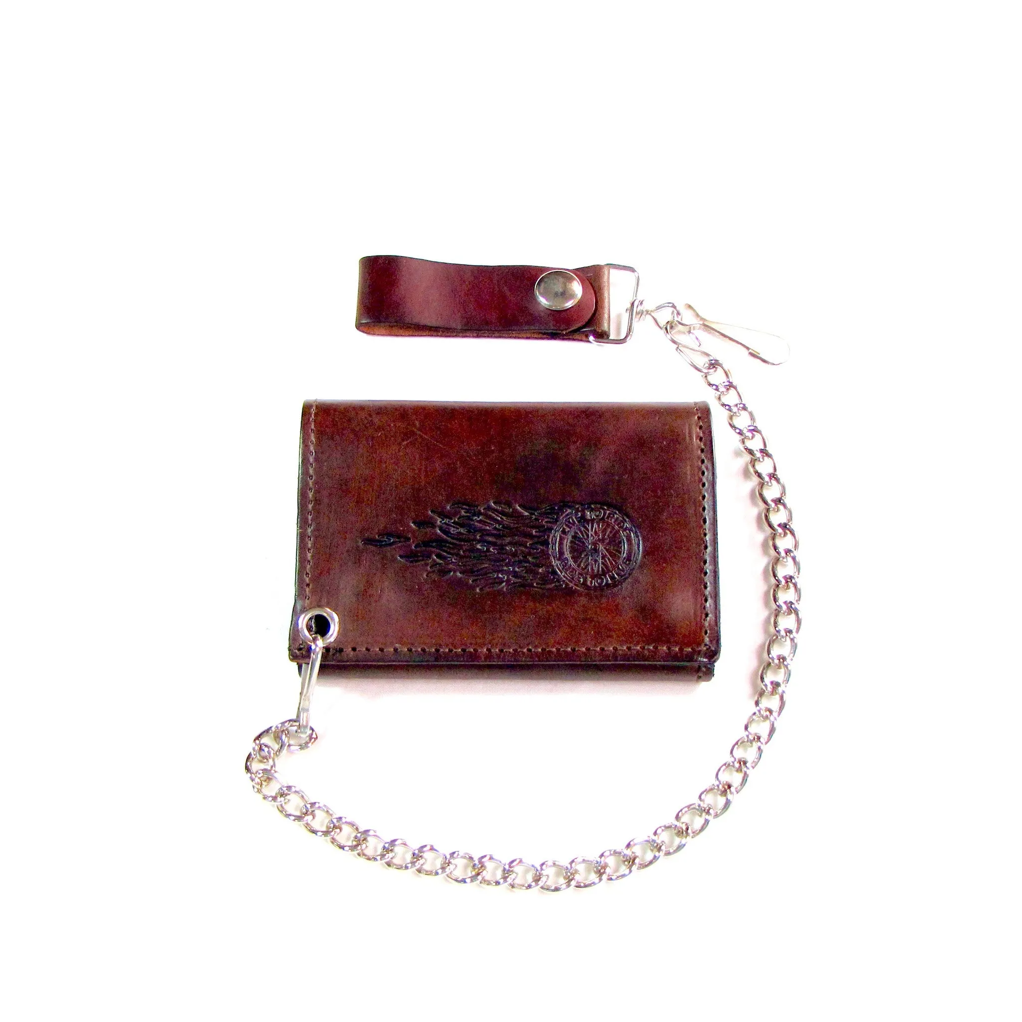 AT322-250  Antique Finish Tri-Fold Wallet w/ Chain- Flaming Wheel