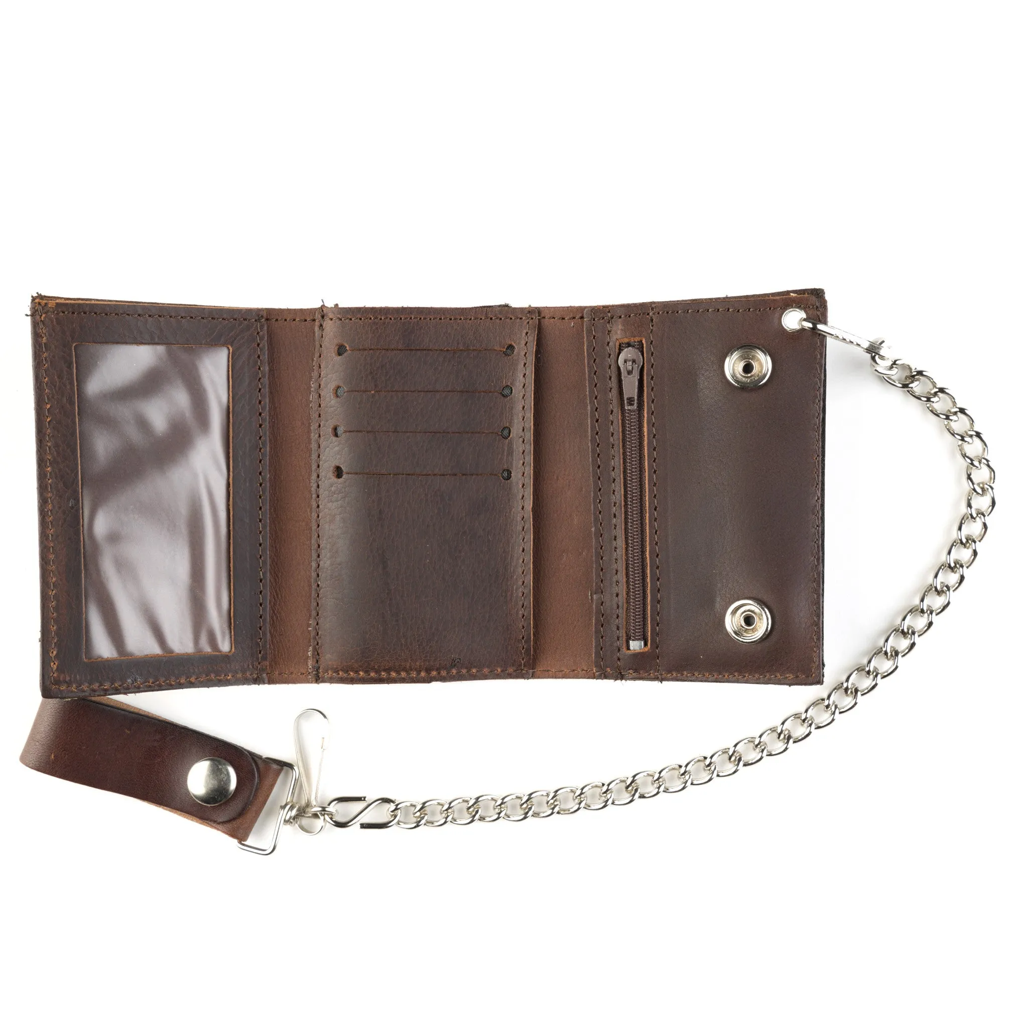 AT322-46  Antique Finish Tri-Fold Wallet w/ Chain- Plain