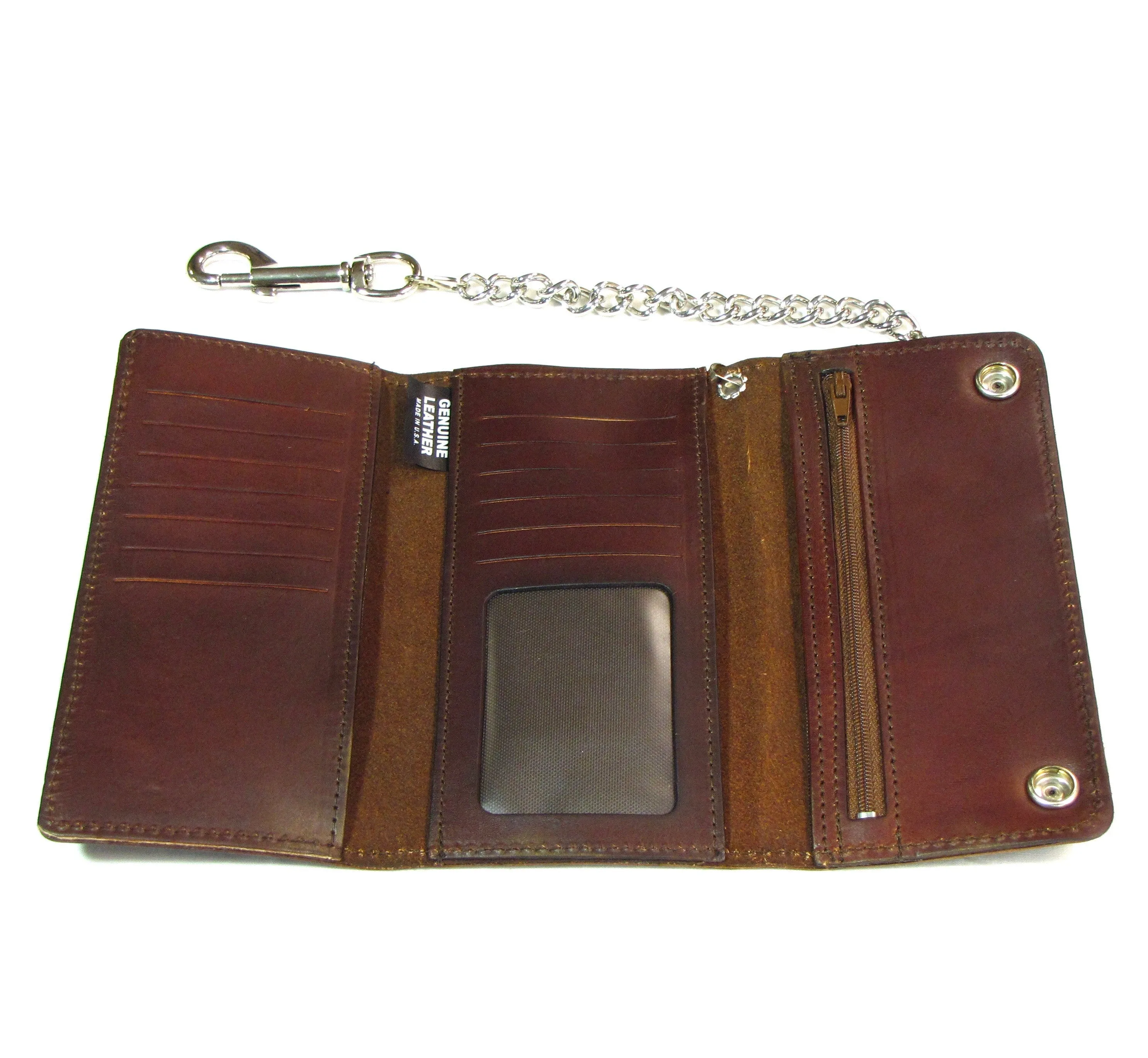AUB339  Antique Finish Credit Card Tri-Fold Wallet w/ Chain w/ Buffalo
