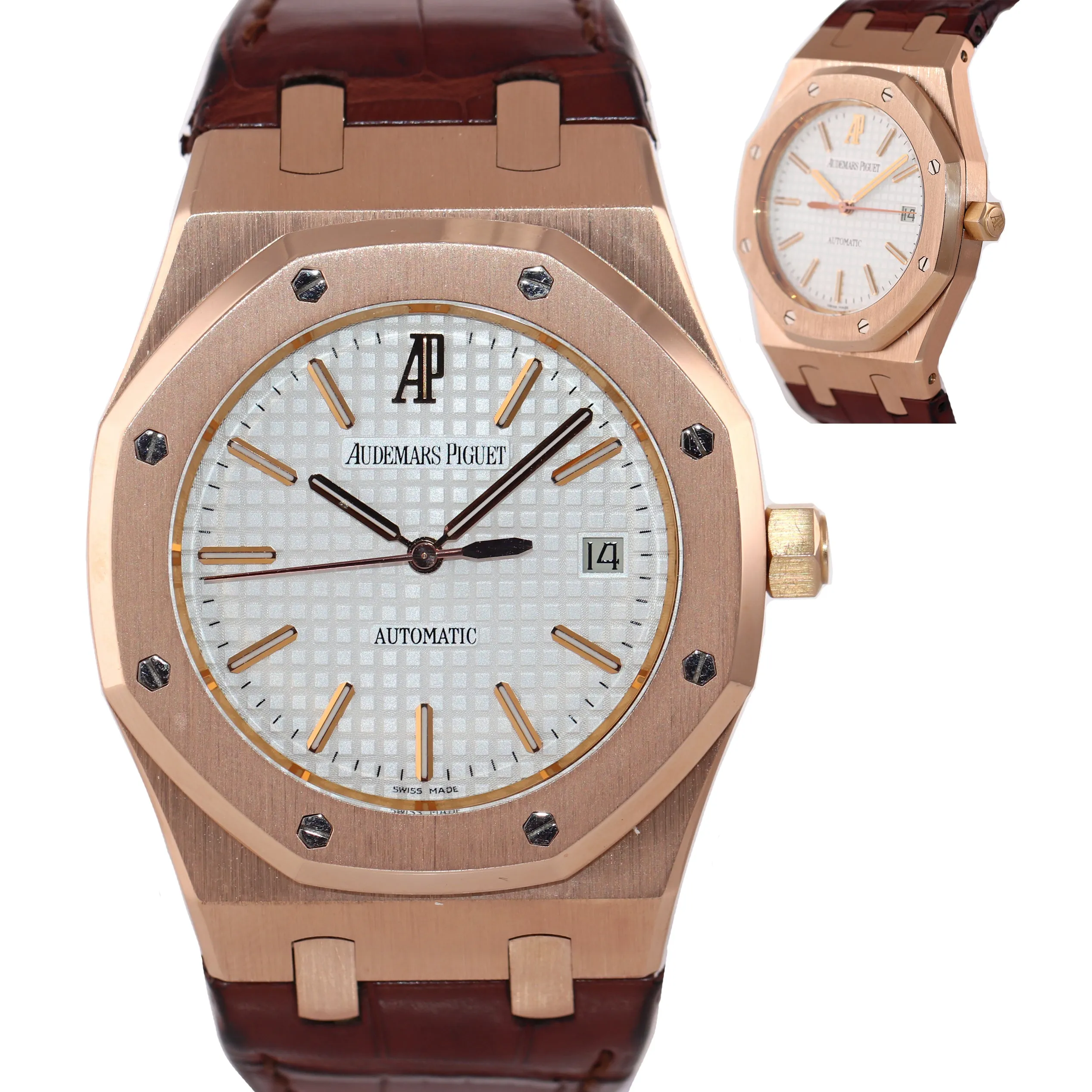 Audemars Piguet AP Royal Oak 18K Rose Gold 15300 39mm Silver White Brown Watch