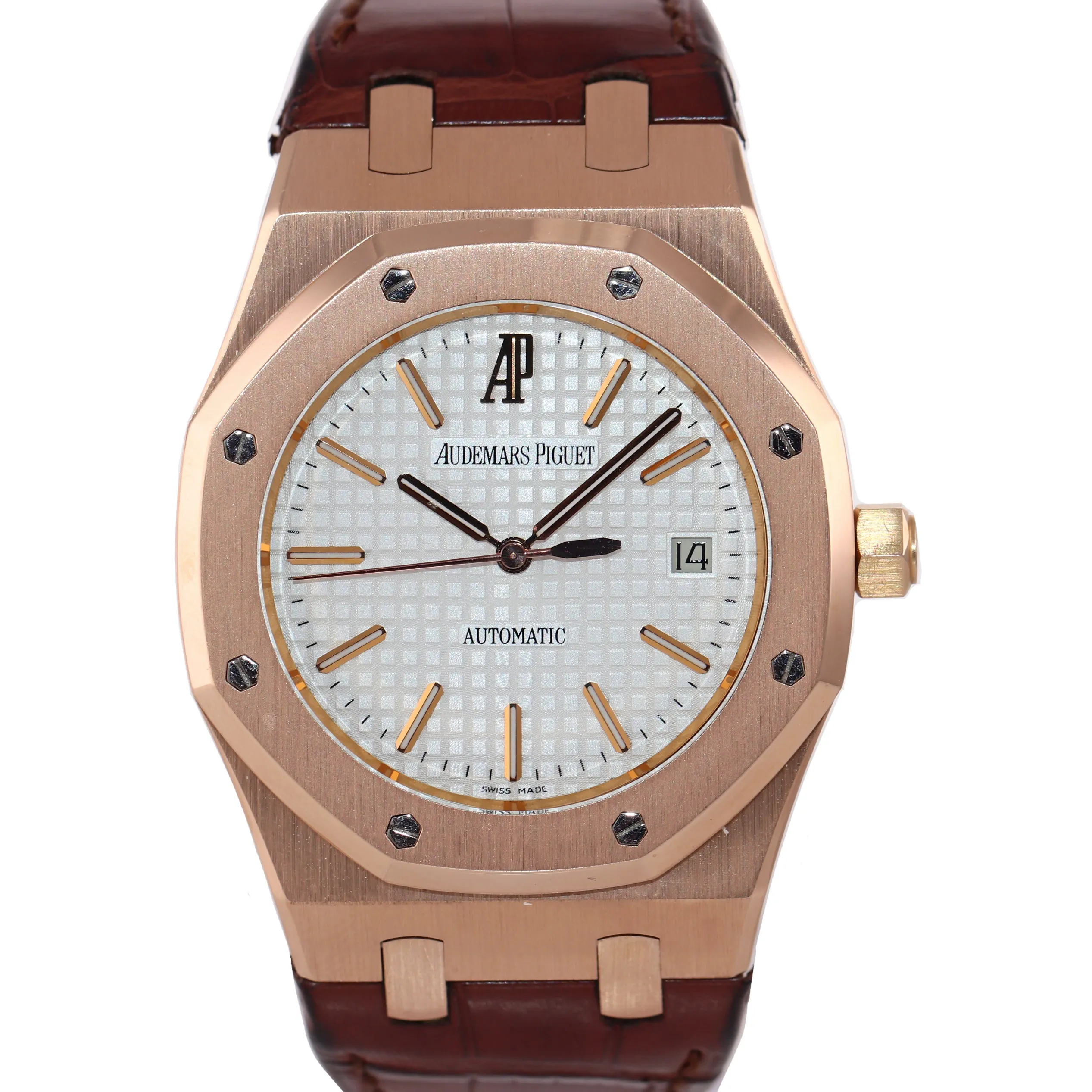 Audemars Piguet AP Royal Oak 18K Rose Gold 15300 39mm Silver White Brown Watch