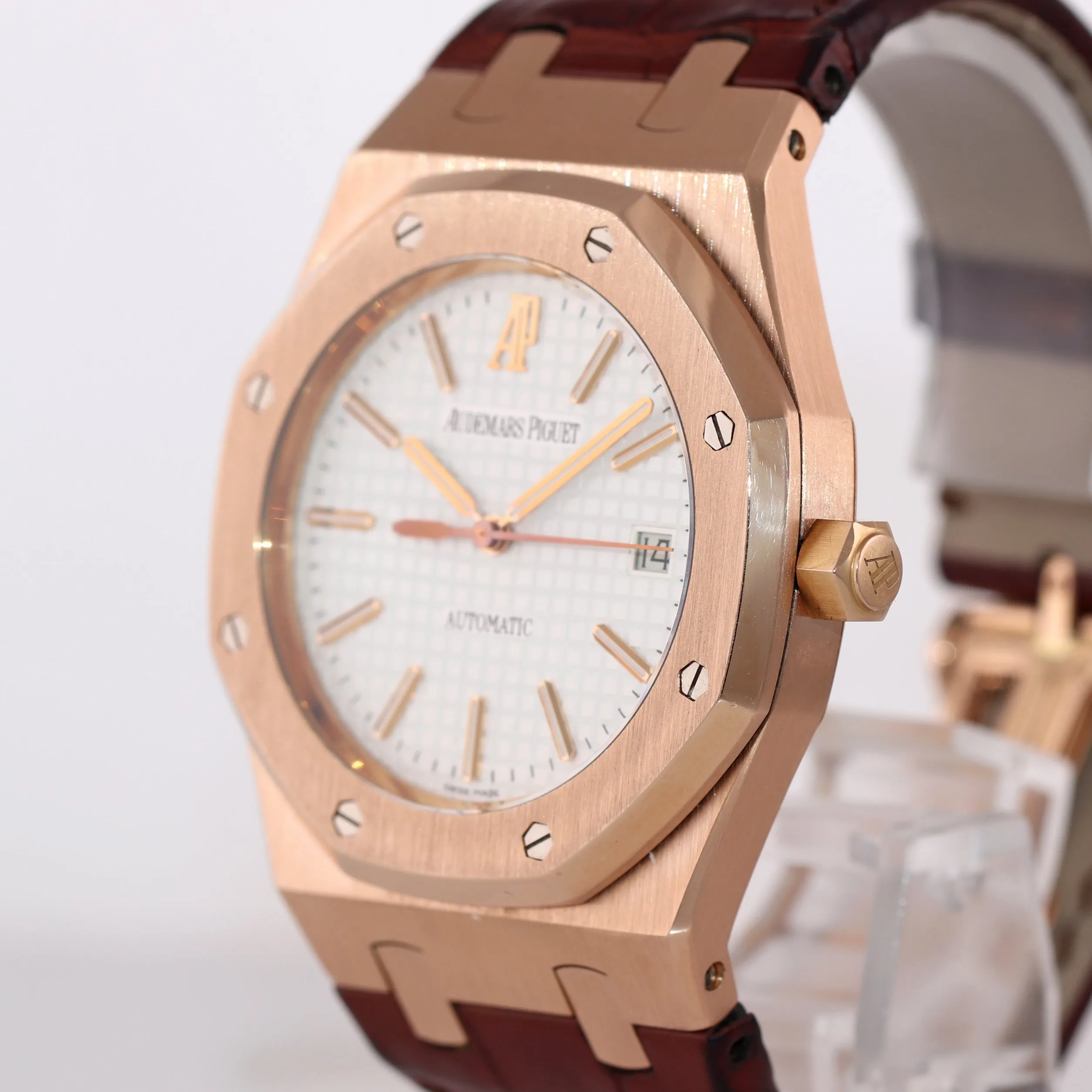 Audemars Piguet AP Royal Oak 18K Rose Gold 15300 39mm Silver White Brown Watch