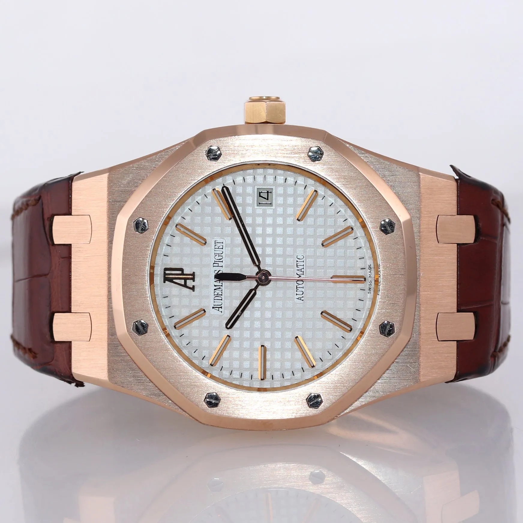 Audemars Piguet AP Royal Oak 18K Rose Gold 15300 39mm Silver White Brown Watch