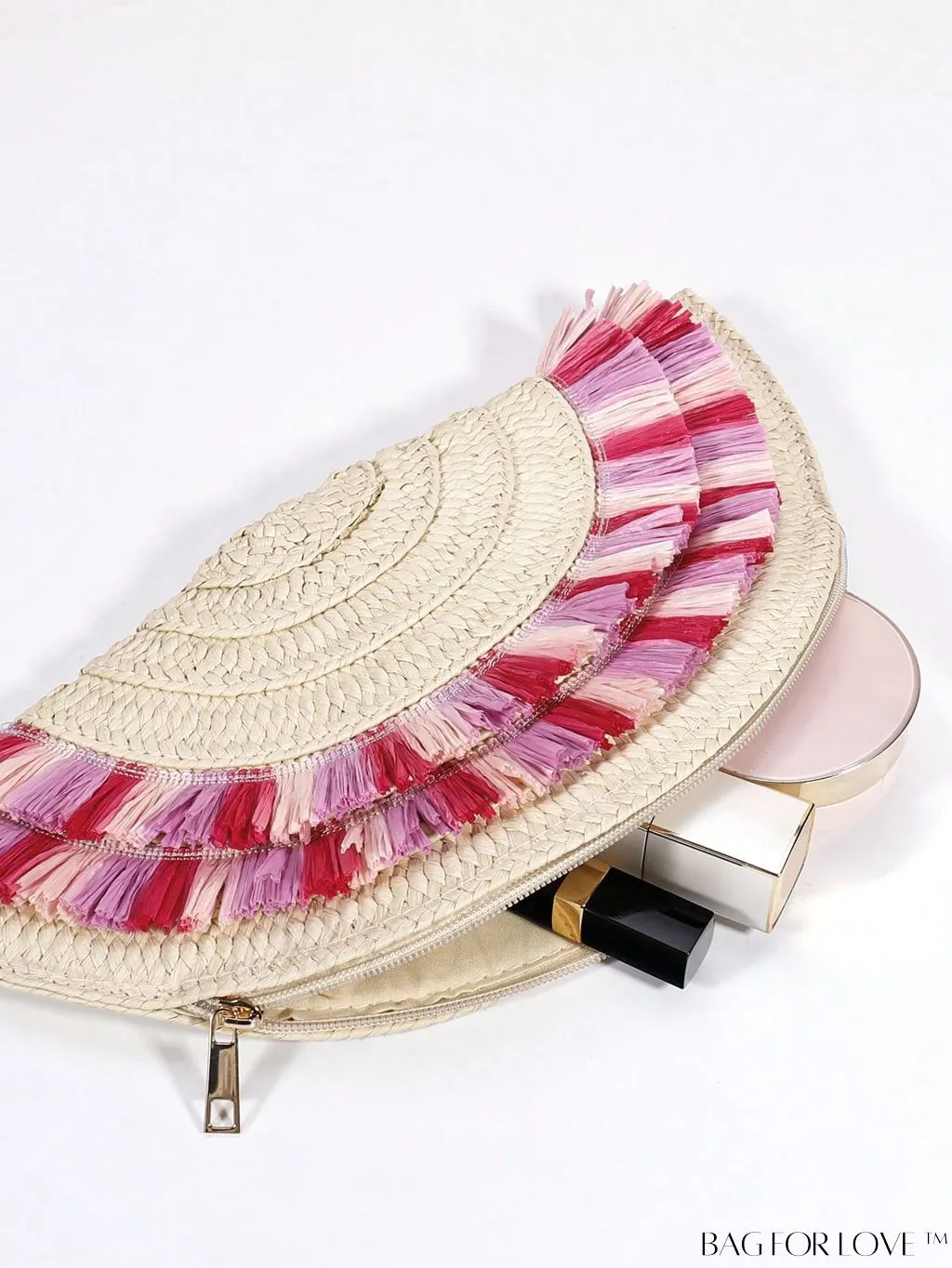 BagForLove - Chic Color Block Straw Bag with Fringe Trim - Perfect for Vacation