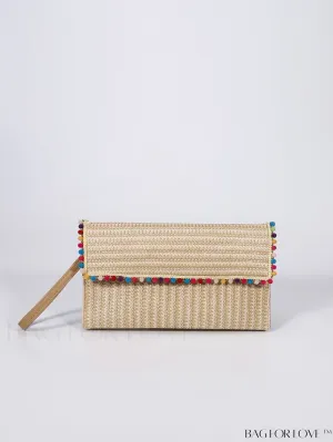 BagForLove - Colorblock Pom Pom Decor Medium Straw Bag
