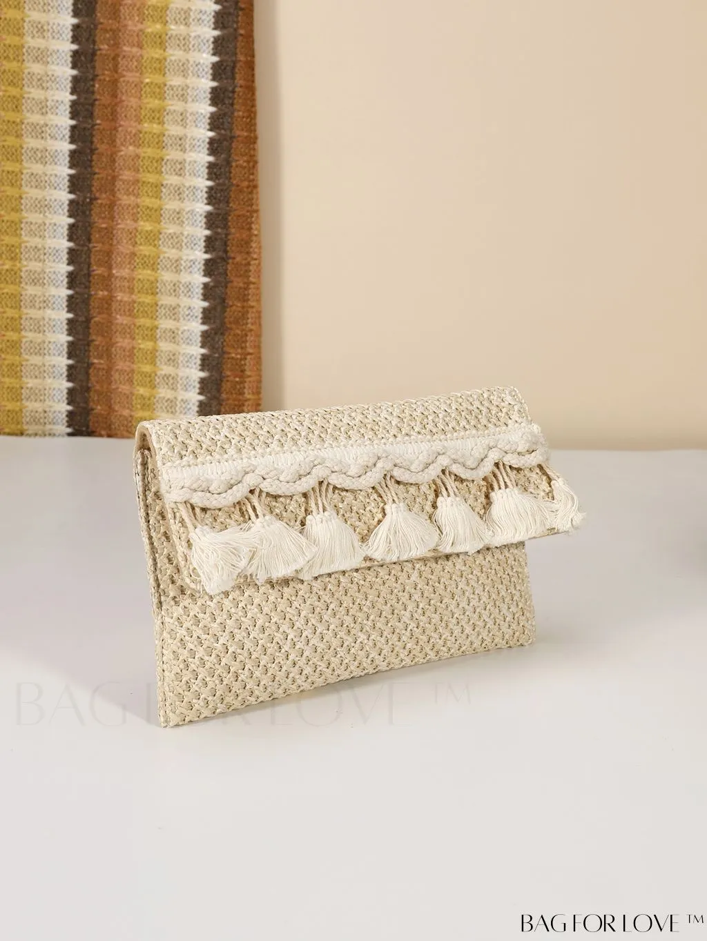 BagForLove - Elegant Flap Woven Clutch Bag with Tassel and Furry Ball Decoration