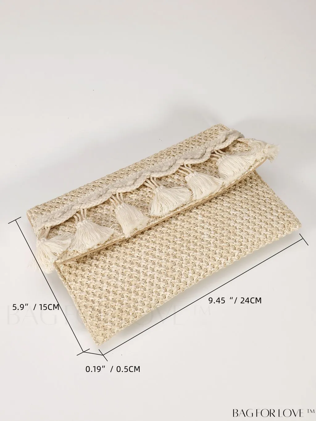 BagForLove - Elegant Flap Woven Clutch Bag with Tassel and Furry Ball Decoration