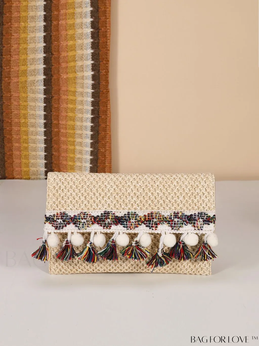 BagForLove - Elegant Flap Woven Clutch Bag with Tassel and Furry Ball Decoration