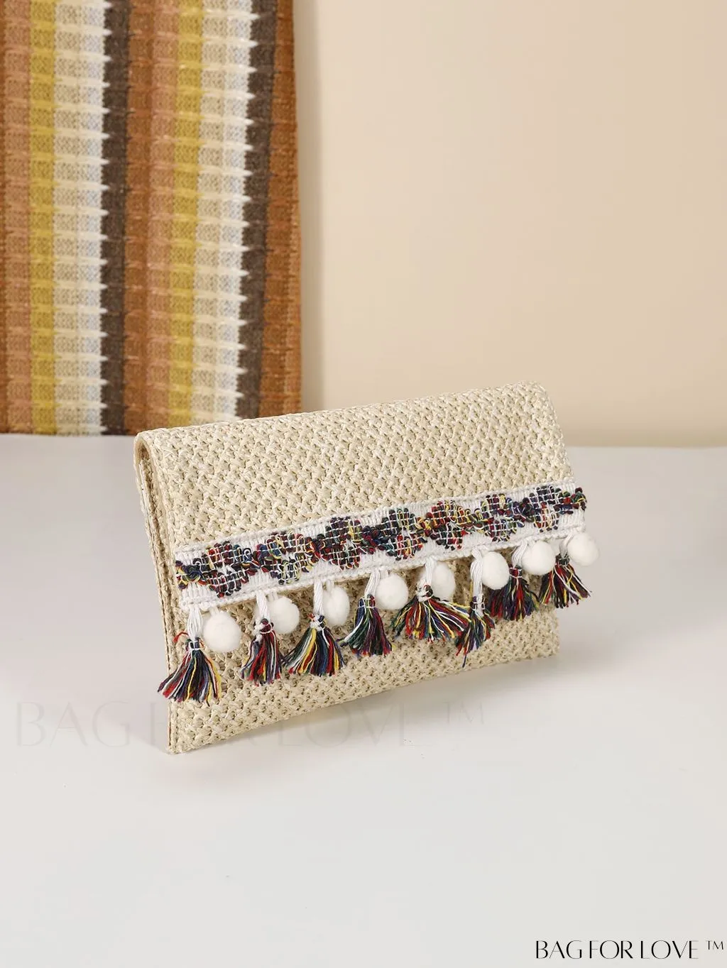 BagForLove - Elegant Flap Woven Clutch Bag with Tassel and Furry Ball Decoration
