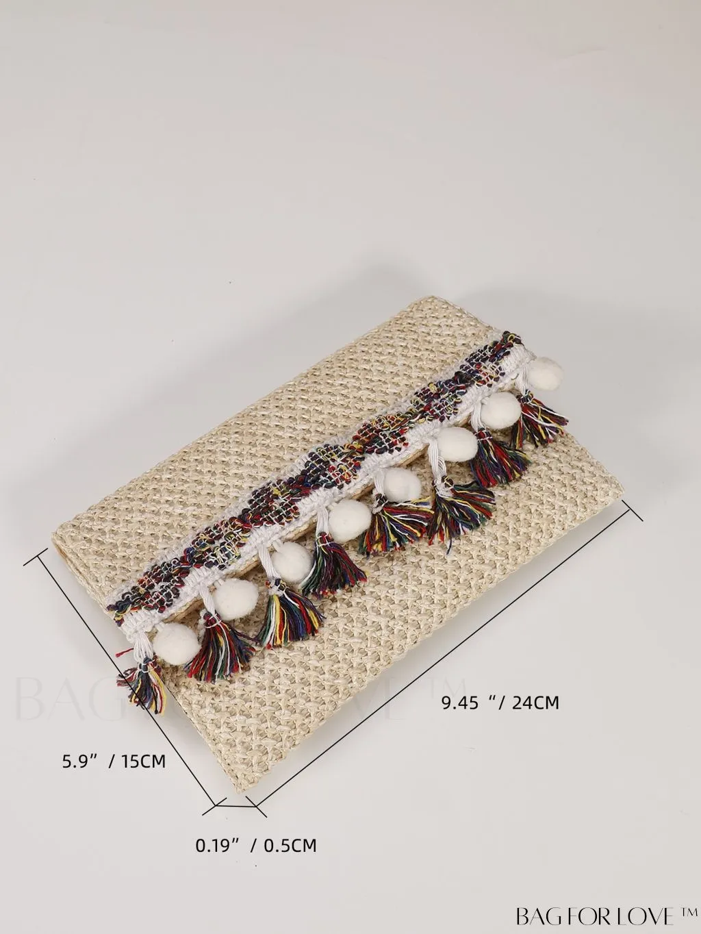 BagForLove - Elegant Flap Woven Clutch Bag with Tassel and Furry Ball Decoration