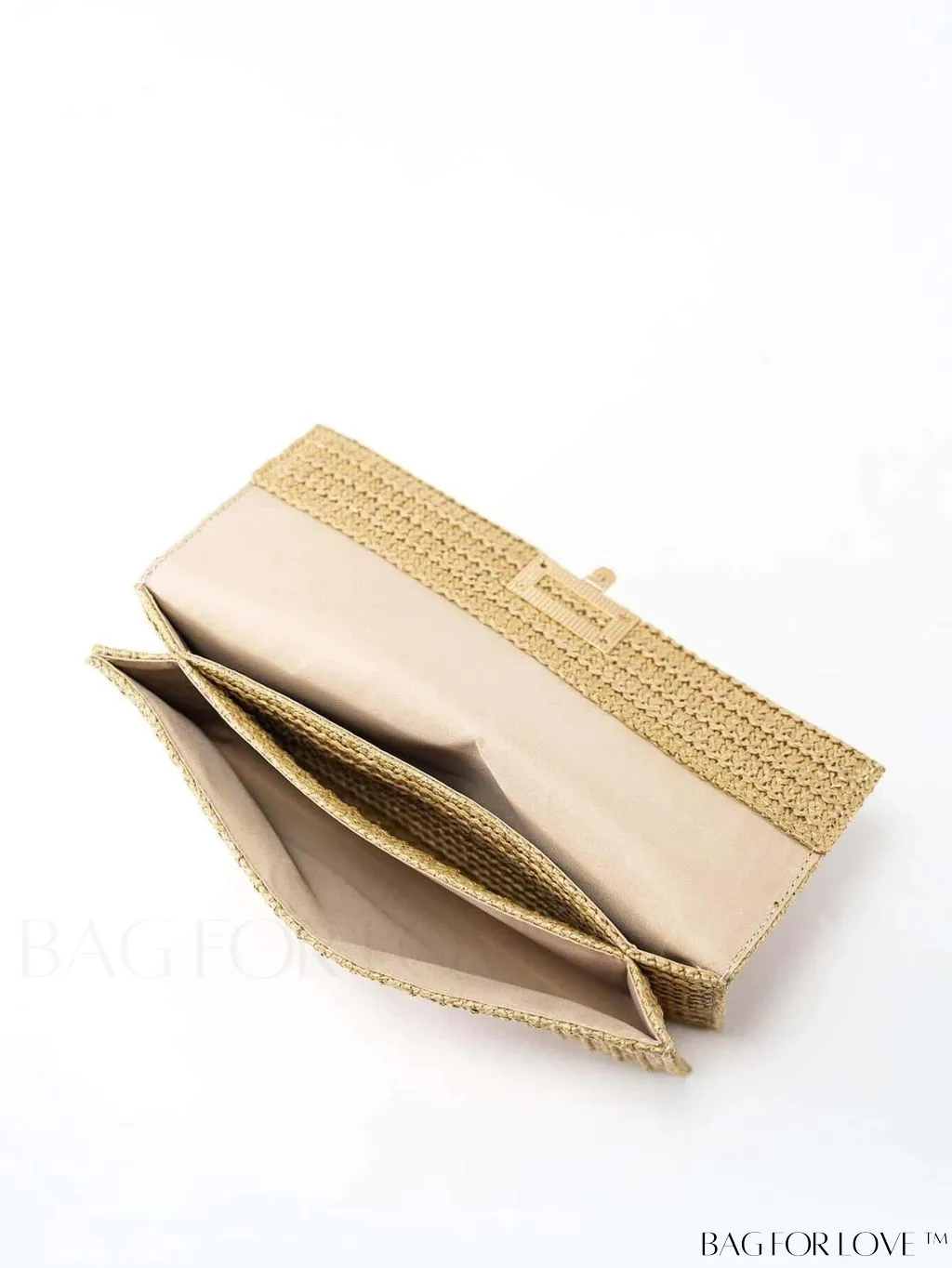 BagForLove - Khaki Metal Lock Flap Straw Bag: Fashionable Essential for Summer Travel & Beach